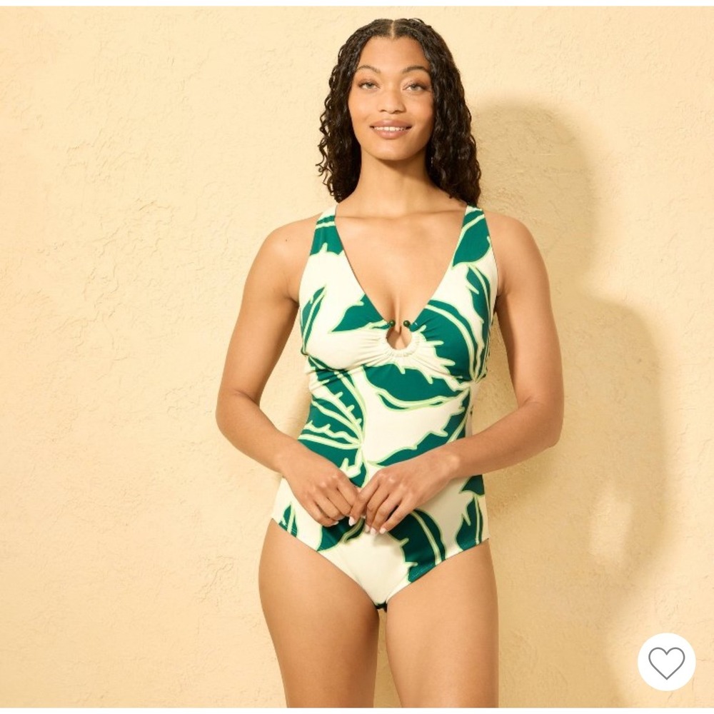 Shade & Shore Palm‎ Leaf Print Plunge V Neck One Piece Swimsuit Tie Back